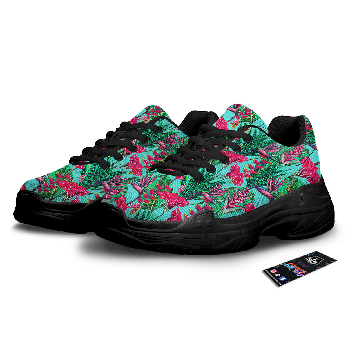 Aloha Hibiscus Hot Teal Pink Print Pattern Black Chunky Shoes-grizzshop