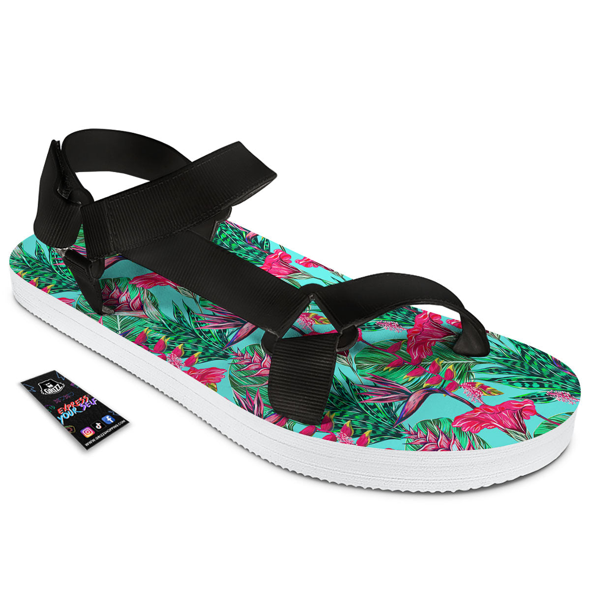 Aloha Hibiscus Hot Teal Pink Print Pattern Black Open Toe Sandals-grizzshop