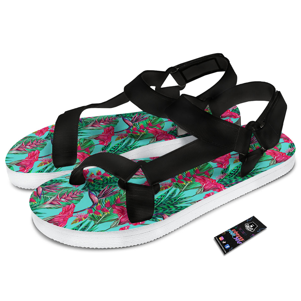 Aloha Hibiscus Hot Teal Pink Print Pattern Black Open Toe Sandals-grizzshop