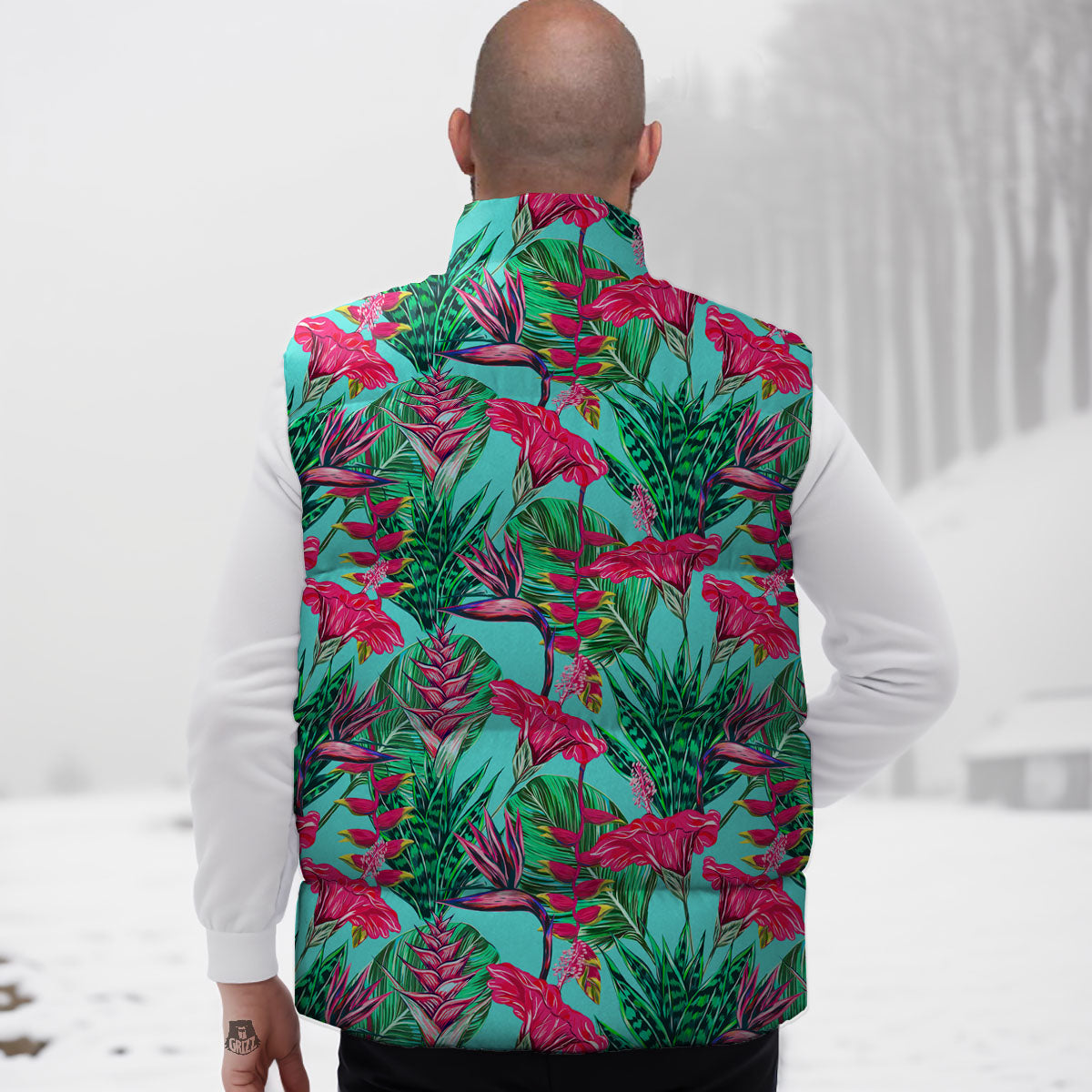 Aloha Hibiscus Hot Teal Pink Print Pattern Down Vest