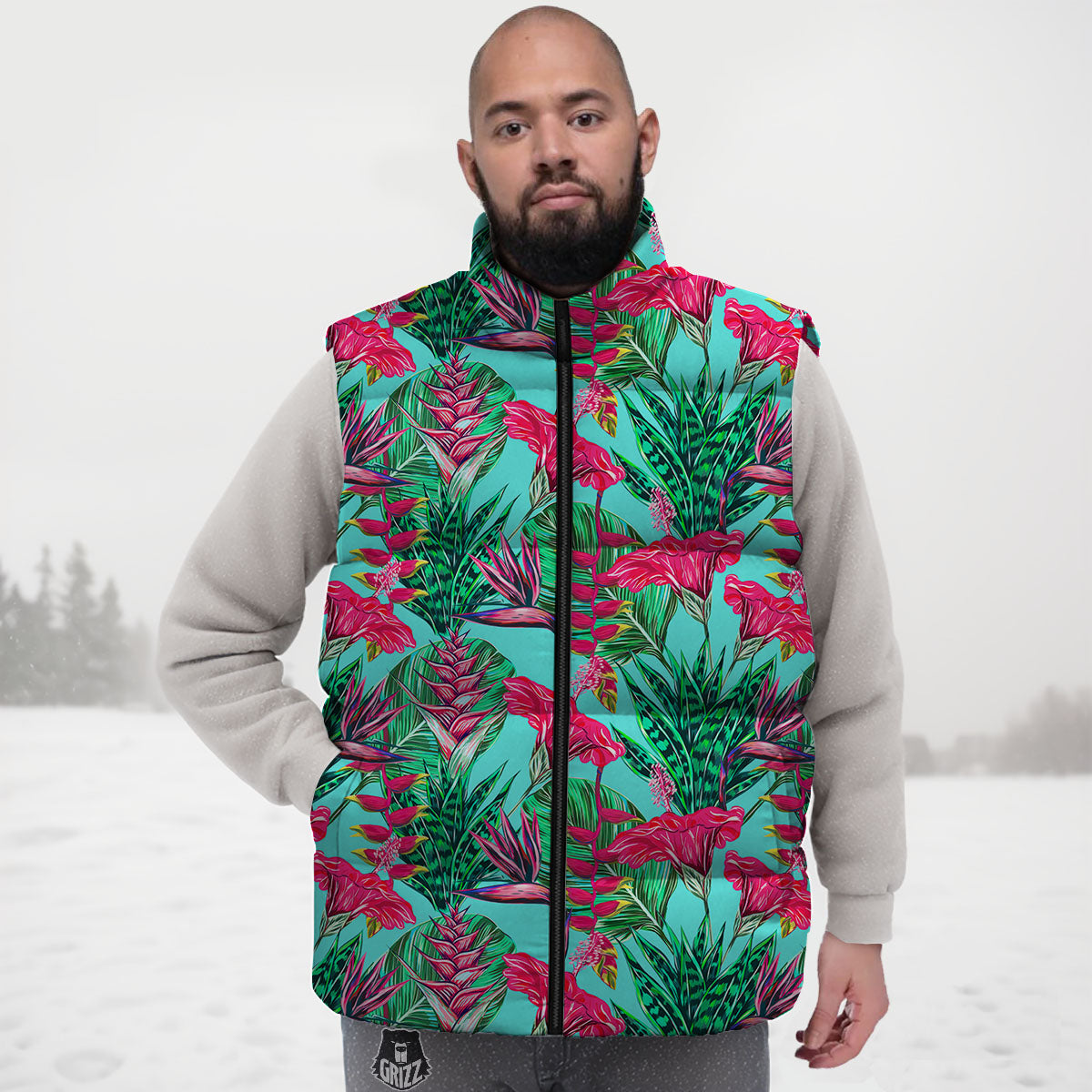 Aloha Hibiscus Hot Teal Pink Print Pattern Down Vest