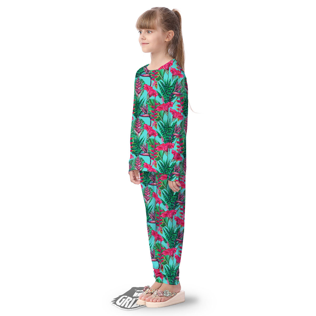 Aloha Hibiscus Hot Teal Pink Print Pattern Kid's Pajamas-grizzshop