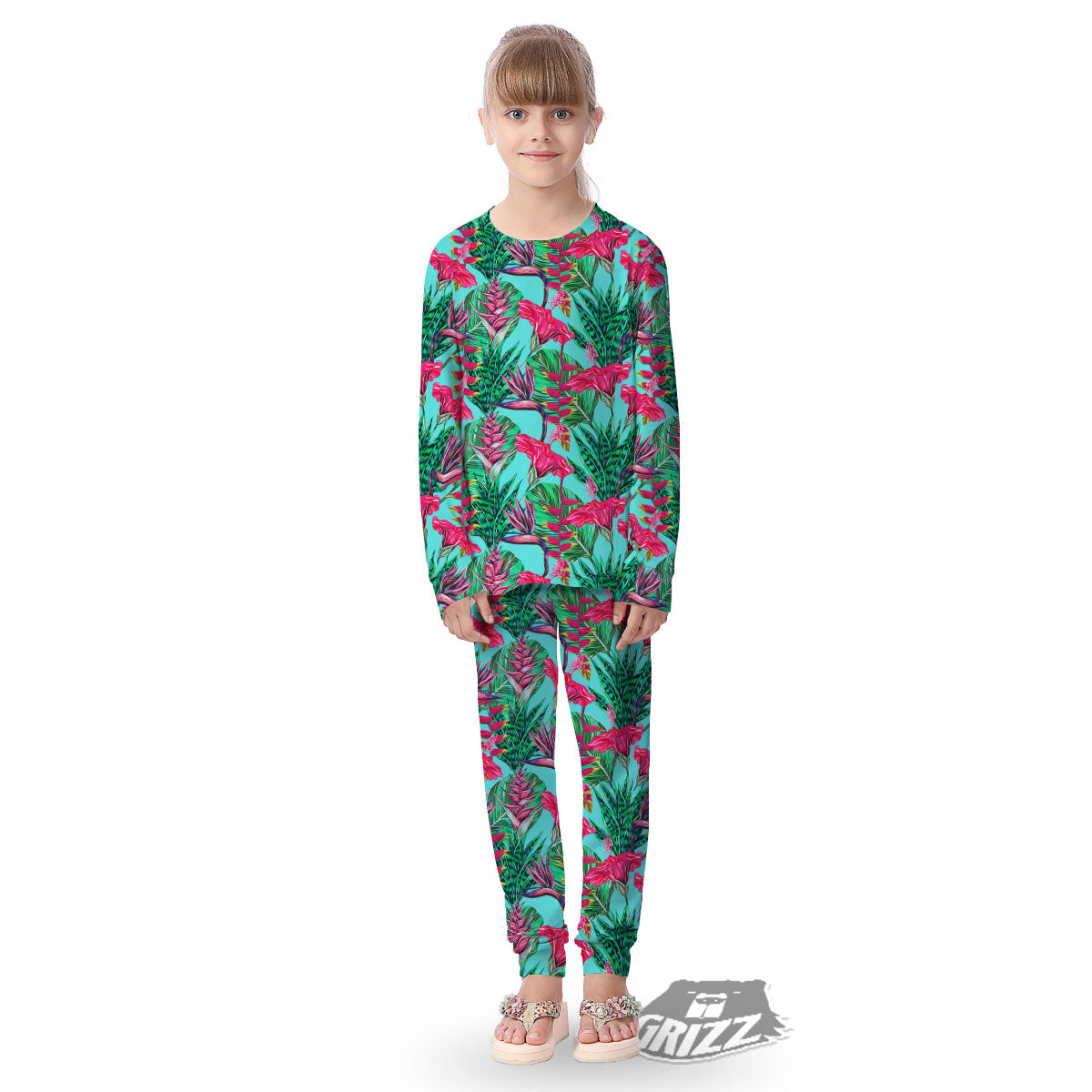 Aloha Hibiscus Hot Teal Pink Print Pattern Kid's Pajamas-grizzshop