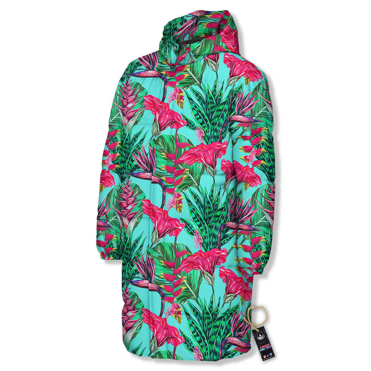 Aloha Hibiscus Hot Teal Pink Print Pattern Long Down Jacket-grizzshop