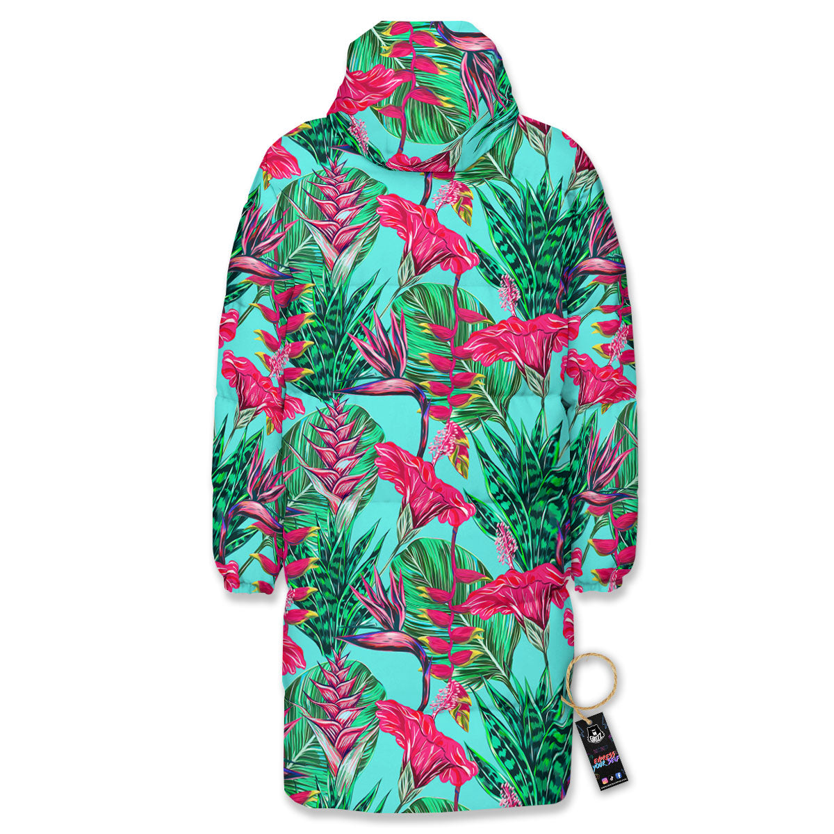 Aloha Hibiscus Hot Teal Pink Print Pattern Long Down Jacket-grizzshop