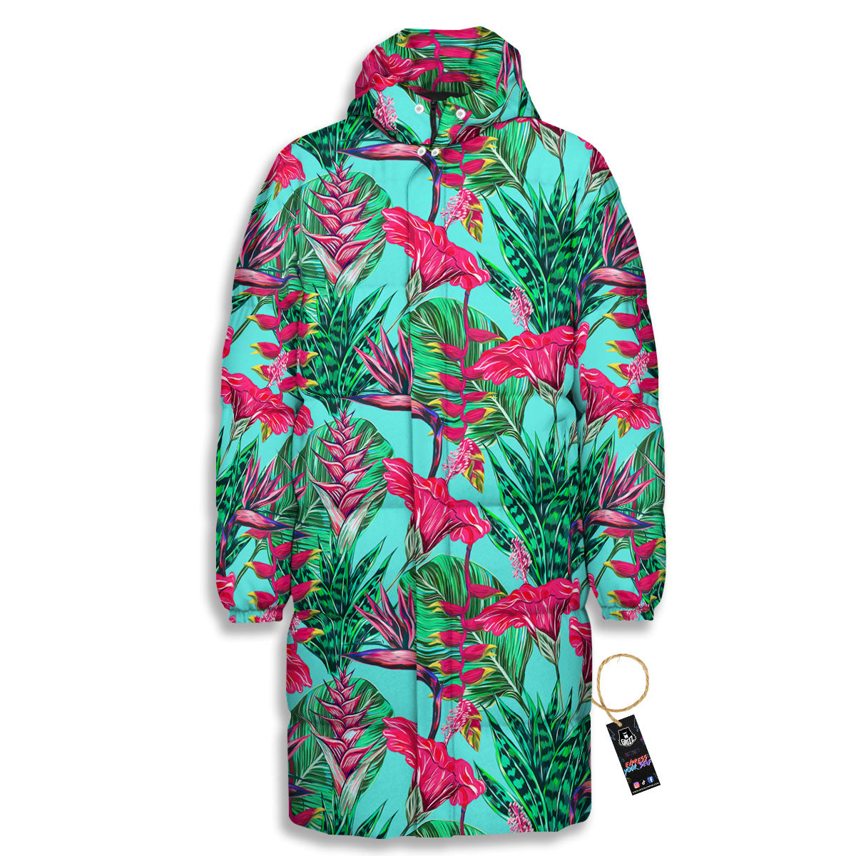 Aloha Hibiscus Hot Teal Pink Print Pattern Long Down Jacket-grizzshop