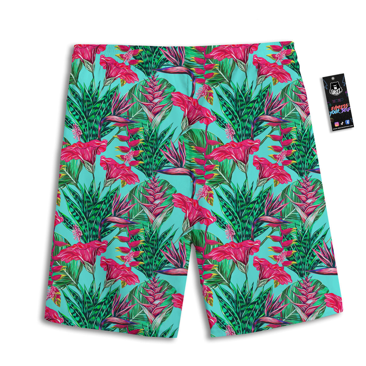 Aloha Hibiscus Hot Teal Pink Print Pattern Men's Athletic Shorts