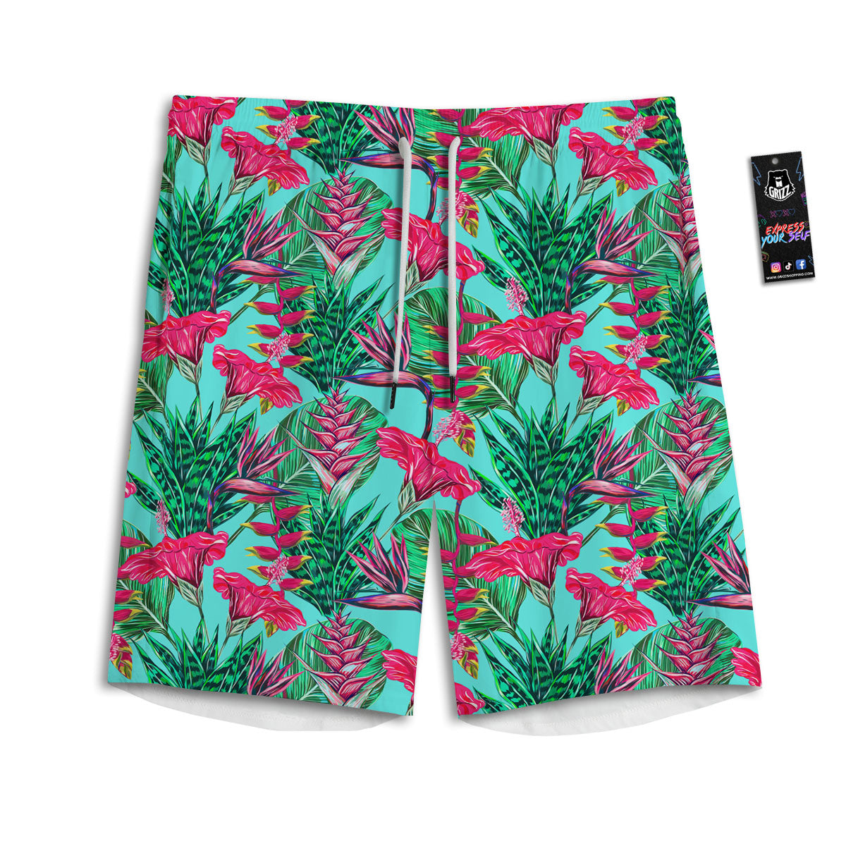 Aloha Hibiscus Hot Teal Pink Print Pattern Men's Athletic Shorts