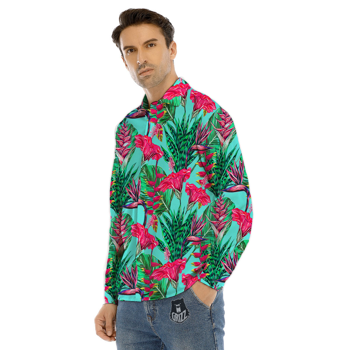 Aloha Hibiscus Hot Teal Pink Print Pattern Men's Dress Shirts-grizzshop