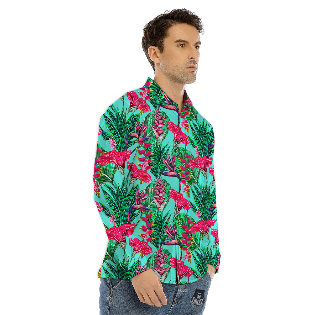 Aloha Hibiscus Hot Teal Pink Print Pattern Men's Dress Shirts-grizzshop