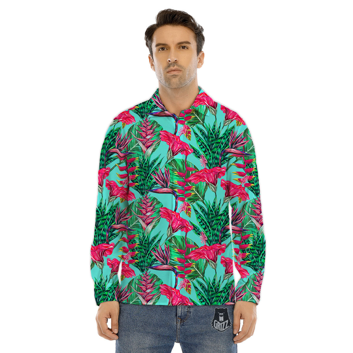Aloha Hibiscus Hot Teal Pink Print Pattern Men's Dress Shirts-grizzshop
