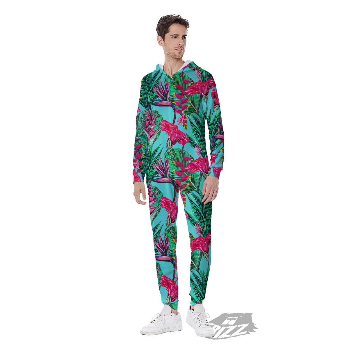 Aloha Hibiscus Hot Teal Pink Print Pattern Men's Jumpsuit-grizzshop