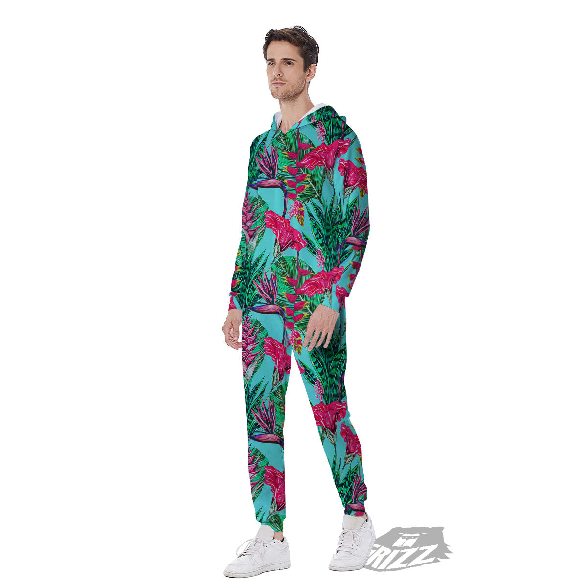 Aloha Hibiscus Hot Teal Pink Print Pattern Men's Jumpsuit-grizzshop