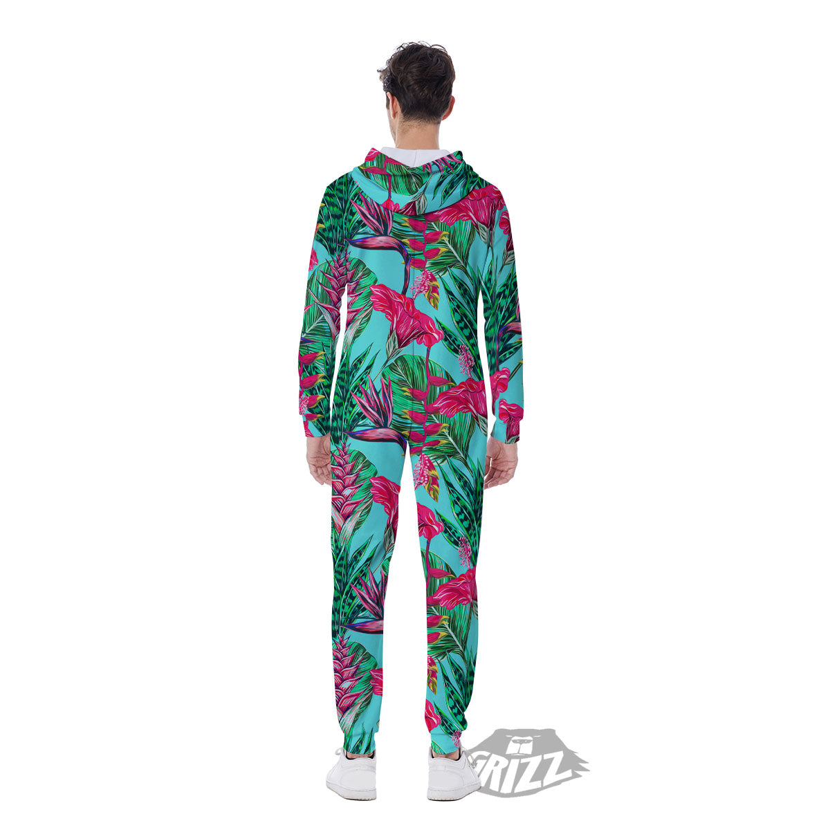 Aloha Hibiscus Hot Teal Pink Print Pattern Men's Jumpsuit-grizzshop
