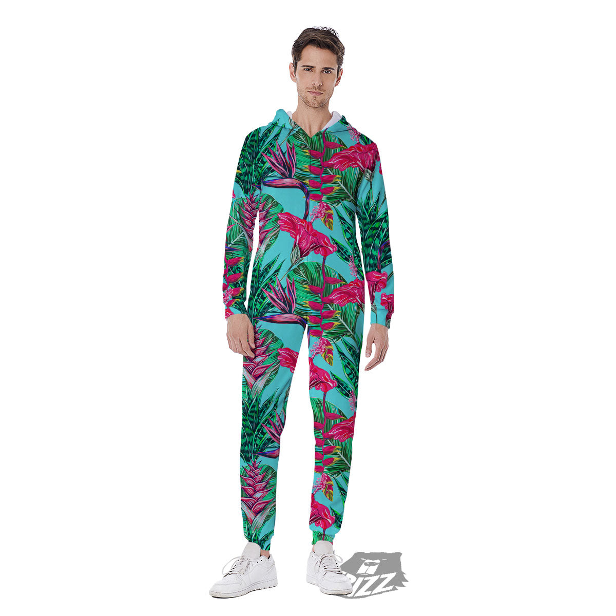 Aloha Hibiscus Hot Teal Pink Print Pattern Men's Jumpsuit-grizzshop