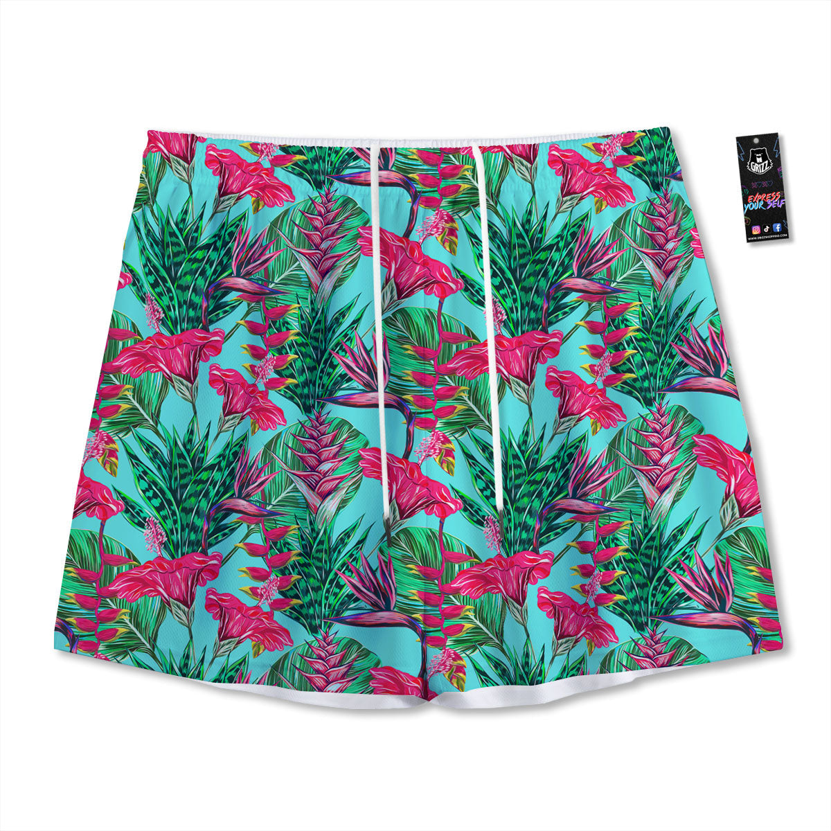 Aloha Hibiscus Hot Teal Pink Print Pattern Mesh Shorts