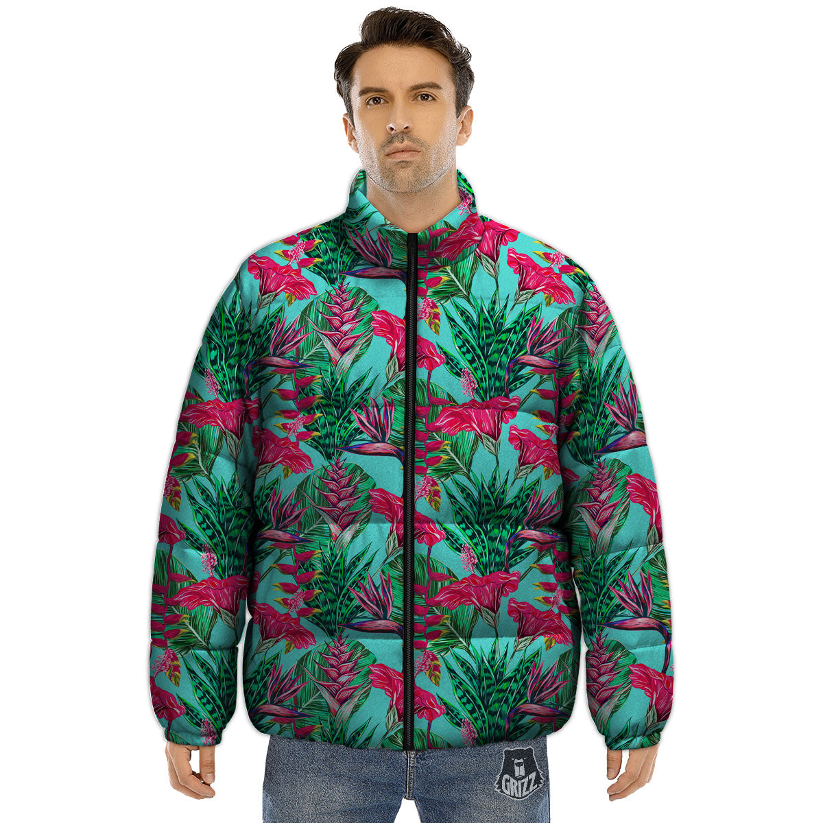 Aloha Hibiscus Hot Teal Pink Print Pattern Puffer Jacket-grizzshop