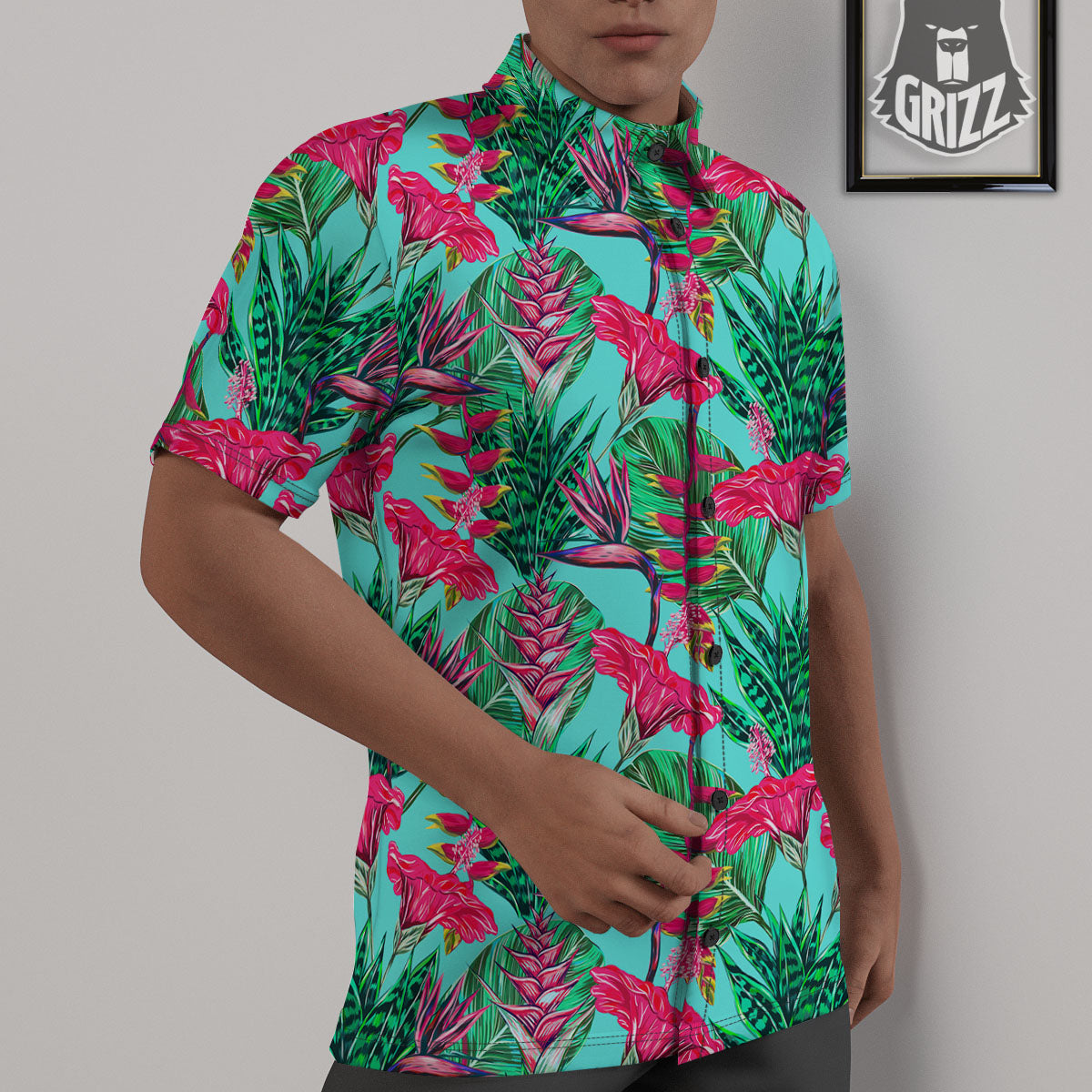 Aloha Hibiscus Hot Teal Pink Print Pattern Untucked Shirts-grizzshop