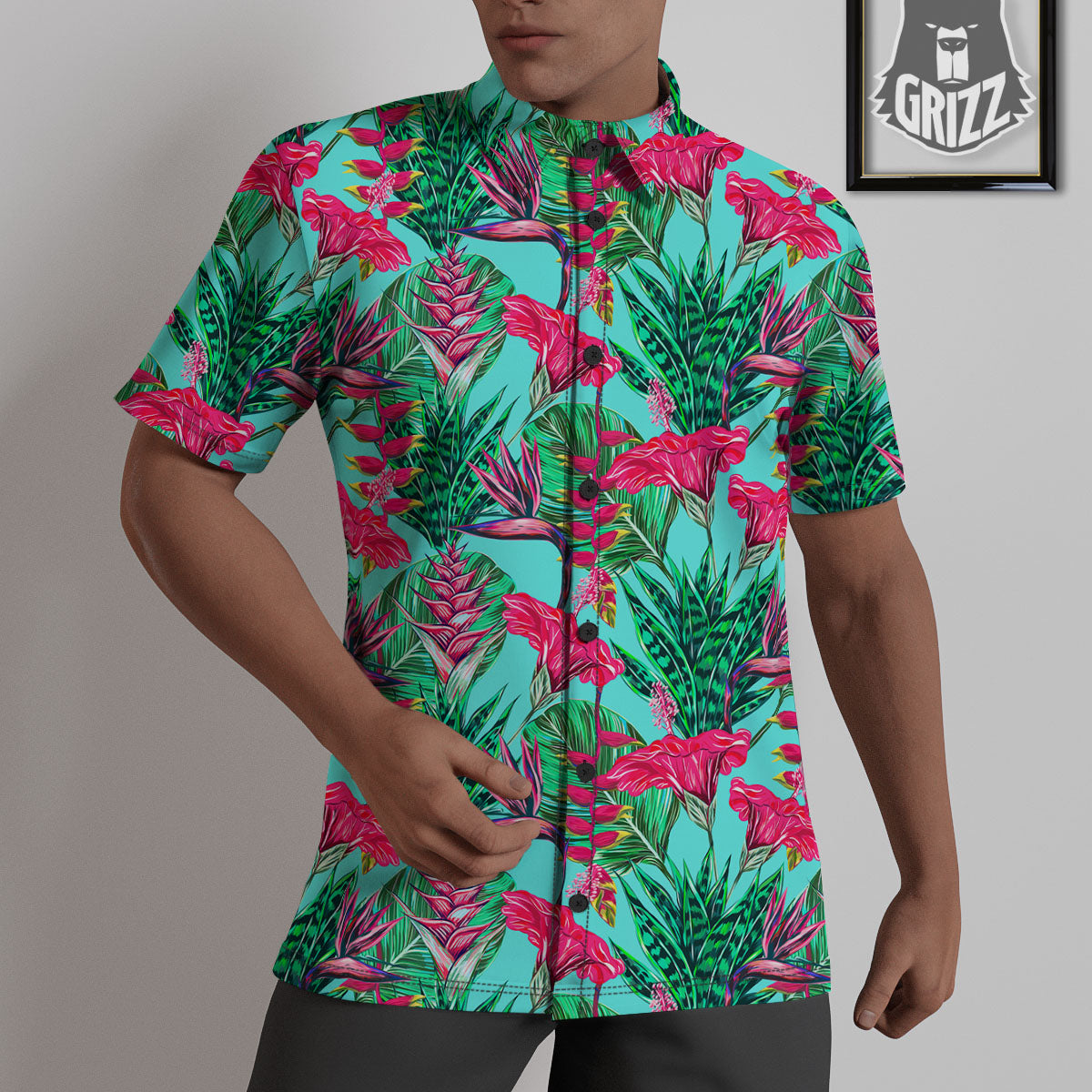 Aloha Hibiscus Hot Teal Pink Print Pattern Untucked Shirts-grizzshop