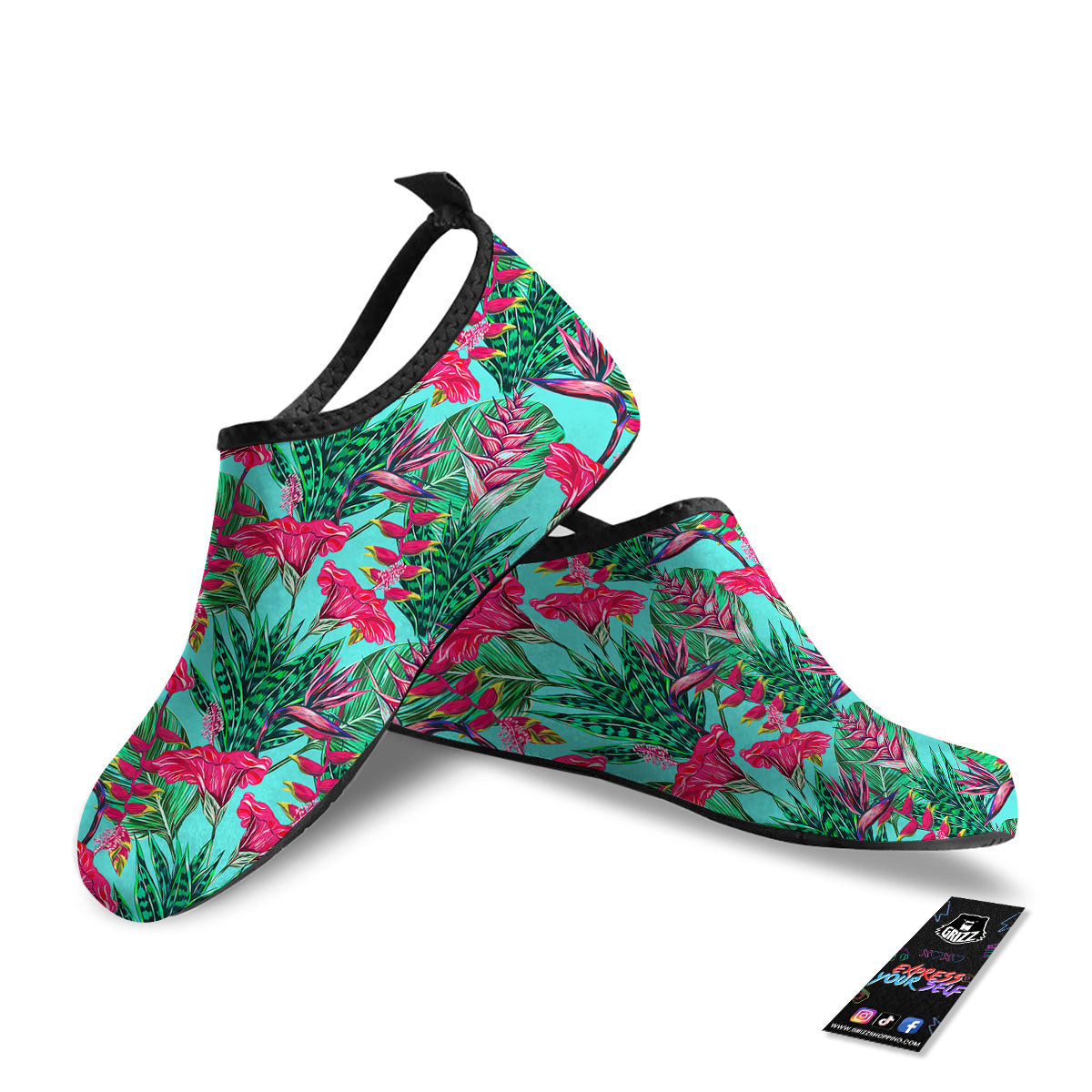 Aloha Hibiscus Hot Teal Pink Print Pattern Water Shoes-grizzshop