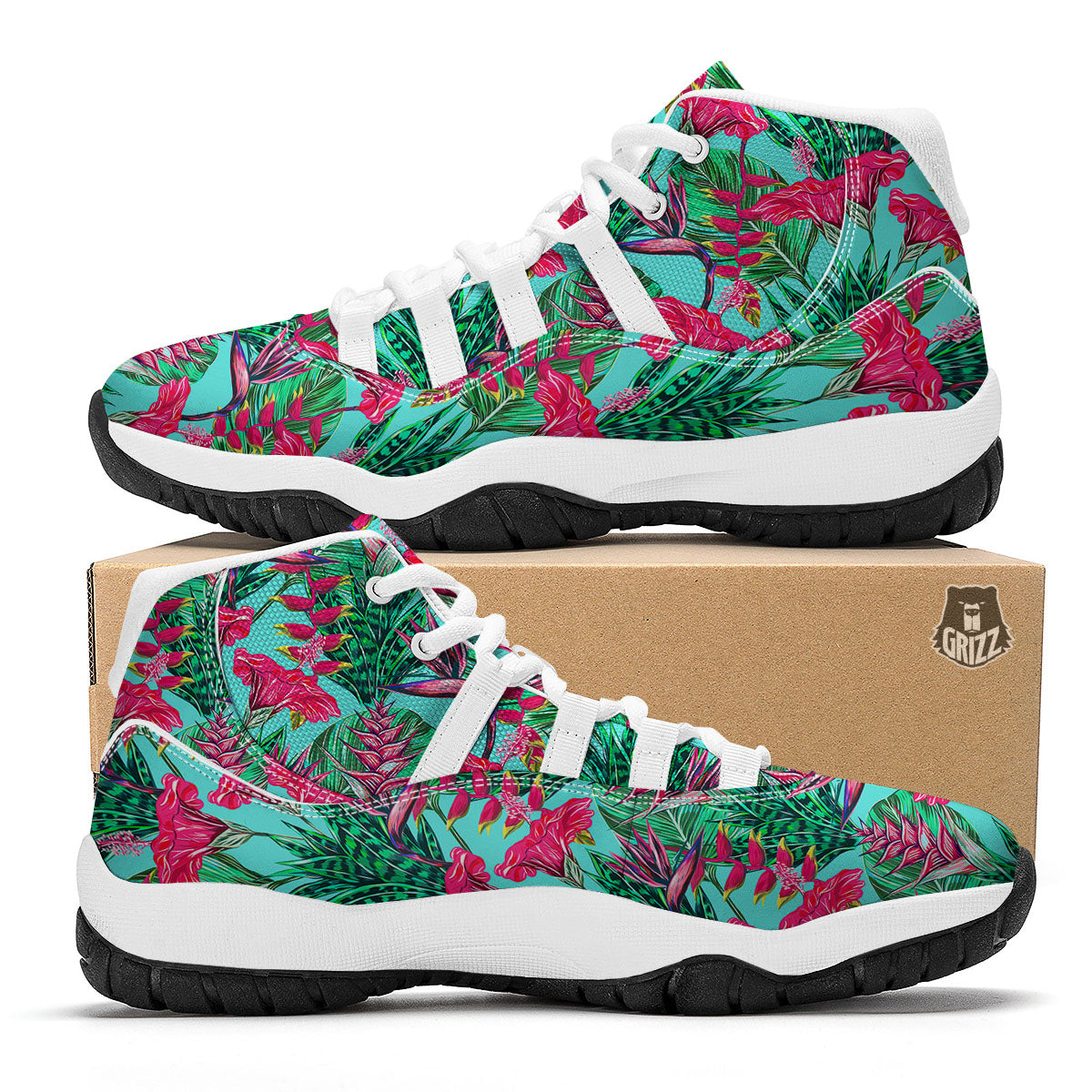 Aloha Hibiscus Hot Teal Pink Print Pattern White Bball Shoes-grizzshop