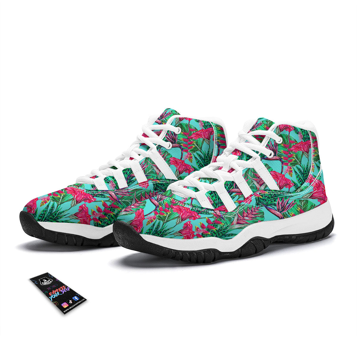 Aloha Hibiscus Hot Teal Pink Print Pattern White Bball Shoes-grizzshop