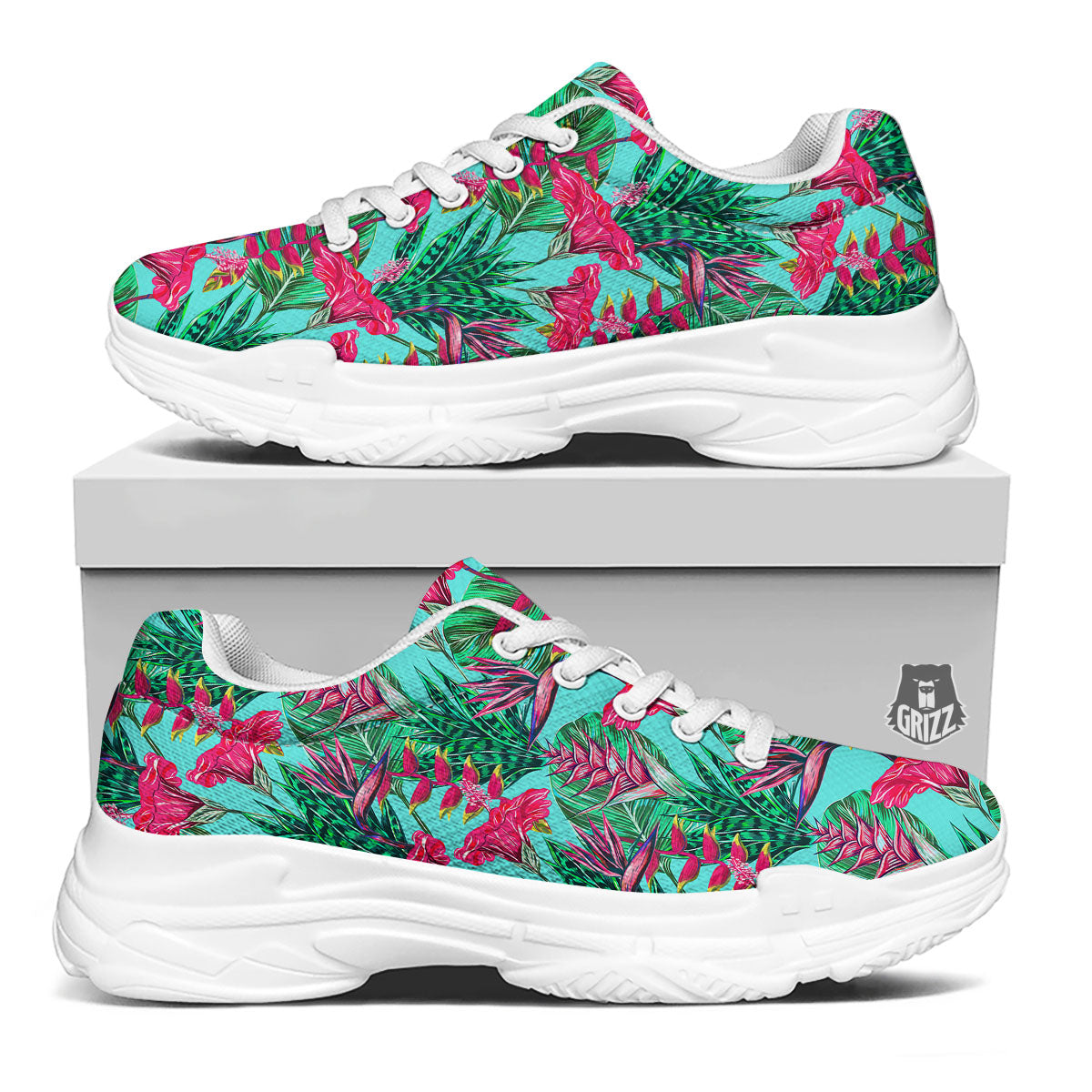 Aloha Hibiscus Hot Teal Pink Print Pattern White Chunky Shoes-grizzshop