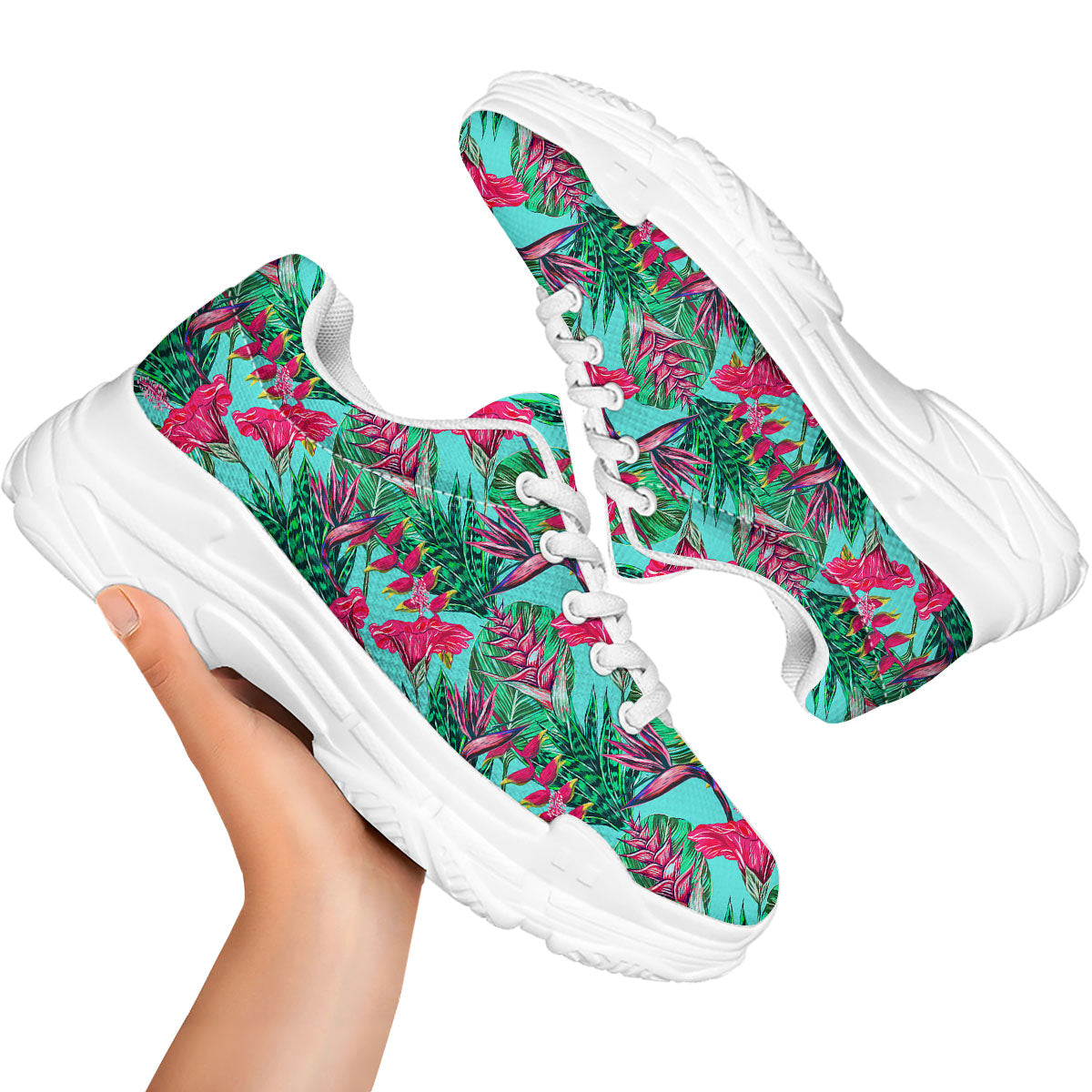 Aloha Hibiscus Hot Teal Pink Print Pattern White Chunky Shoes-grizzshop