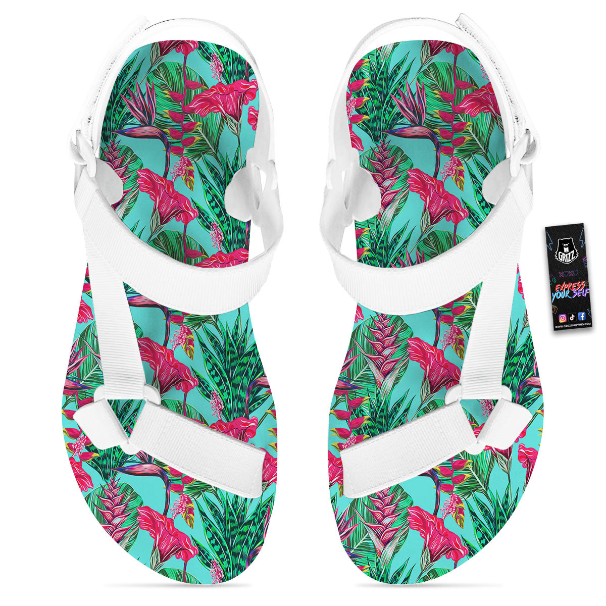 Aloha Hibiscus Hot Teal Pink Print Pattern White Open Toe Sandals-grizzshop