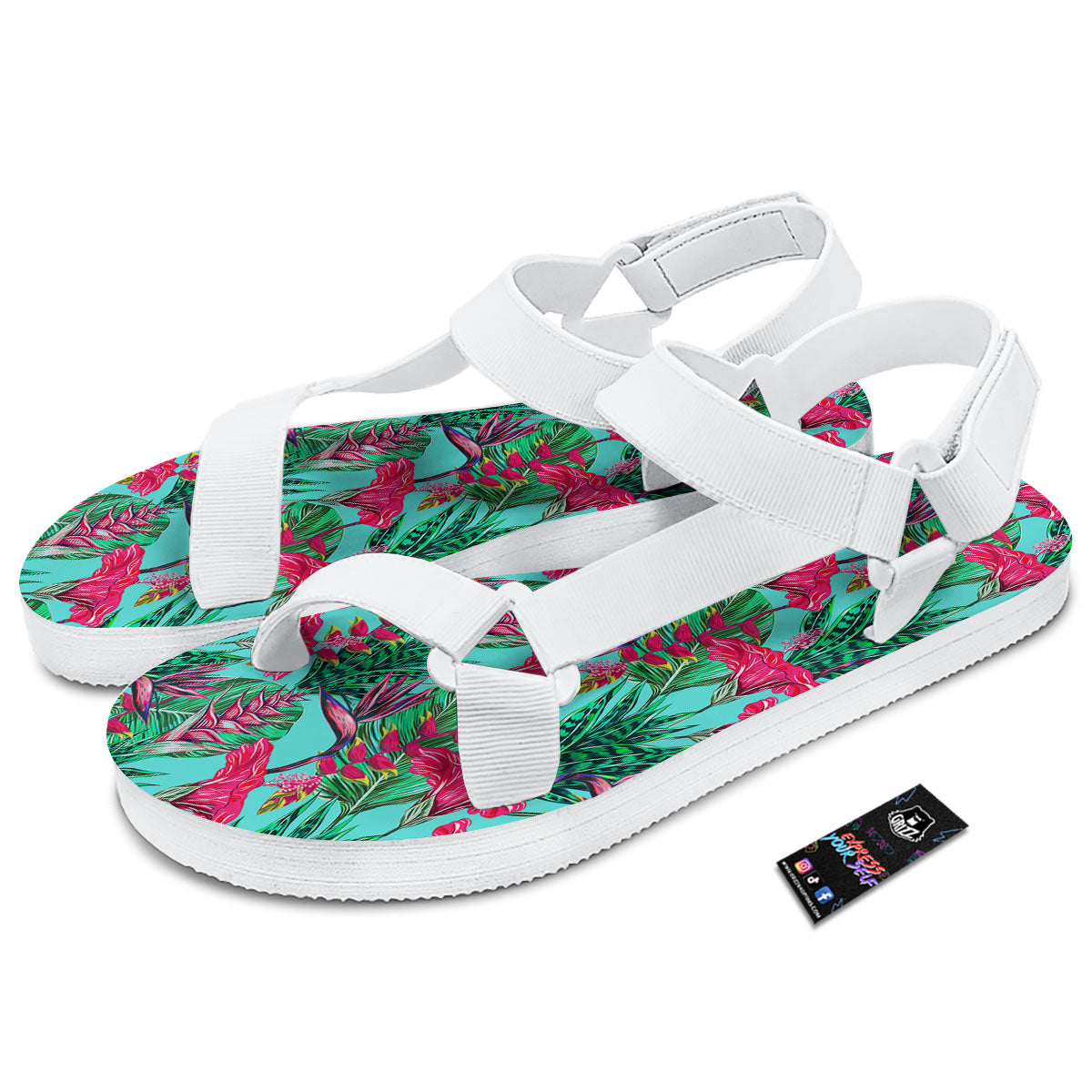 Aloha Hibiscus Hot Teal Pink Print Pattern White Open Toe Sandals-grizzshop