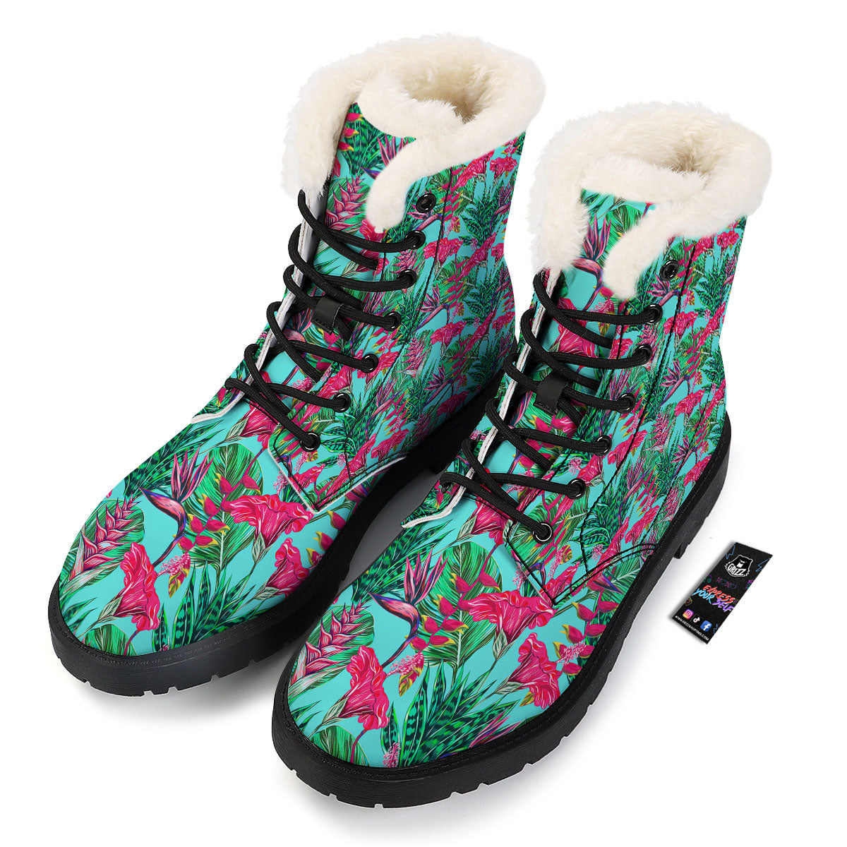Aloha Hibiscus Hot Teal Pink Print Pattern Winter Boots-grizzshop