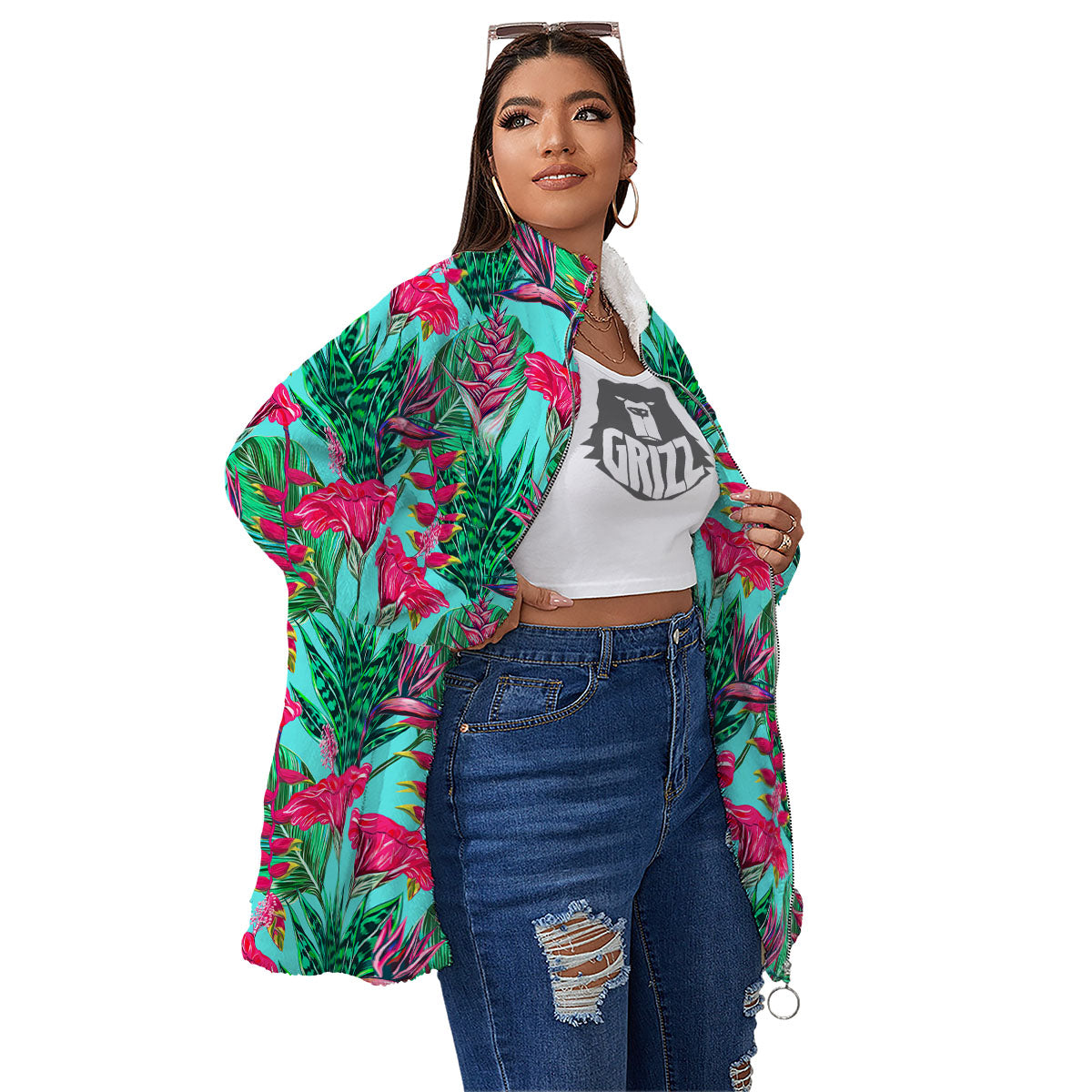 Aloha Hibiscus Hot Teal Pink Print Pattern Women's Sherpa Jacket-grizzshop