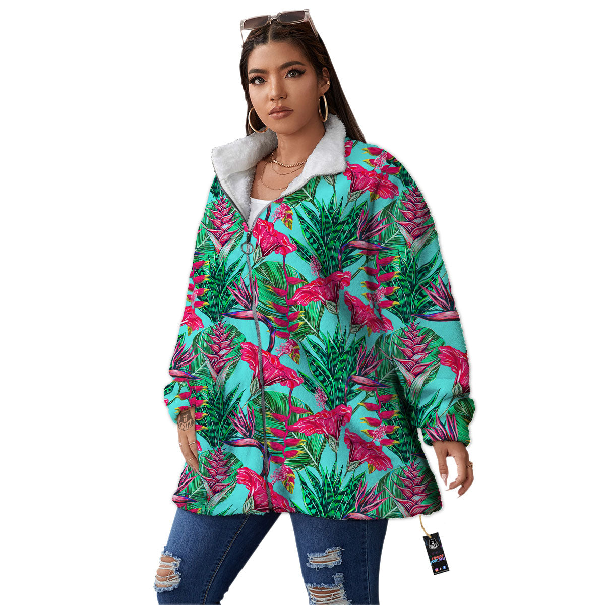 Aloha Hibiscus Hot Teal Pink Print Pattern Women's Sherpa Jacket-grizzshop