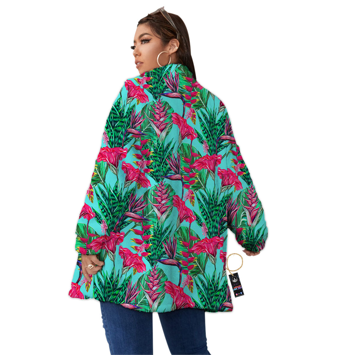 Aloha Hibiscus Hot Teal Pink Print Pattern Women's Sherpa Jacket-grizzshop