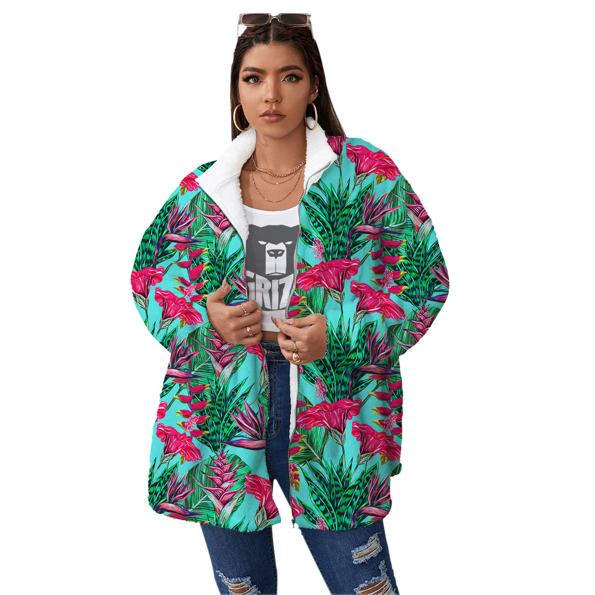 Aloha Hibiscus Hot Teal Pink Print Pattern Women's Sherpa Jacket-grizzshop