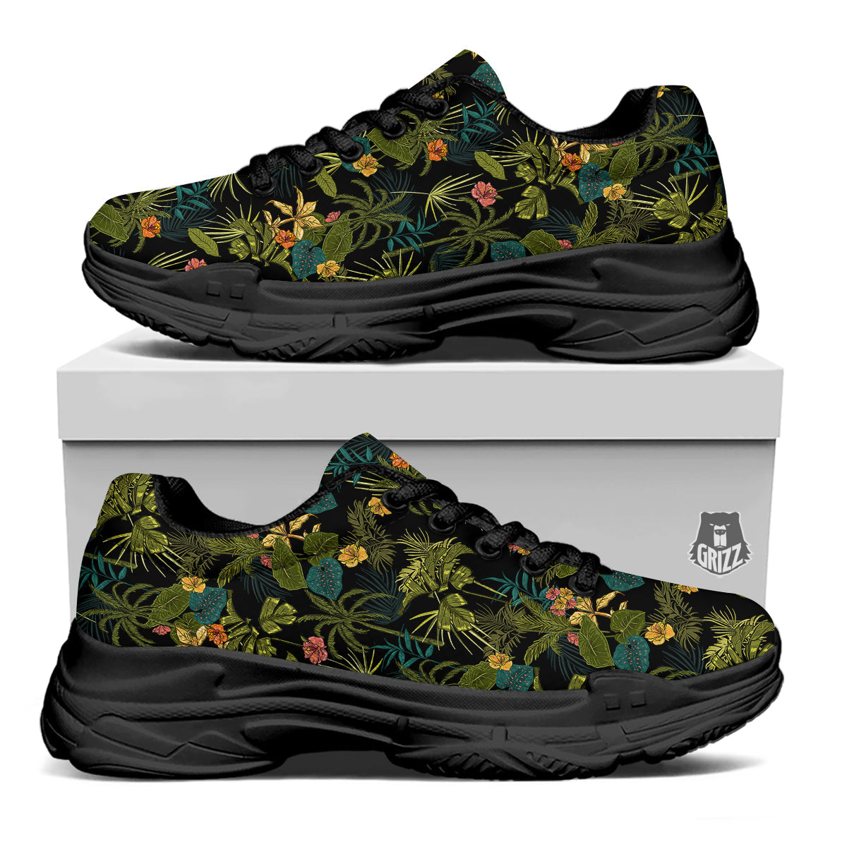Aloha Hibiscus Tropical Print Pattern Black Chunky Shoes-grizzshop