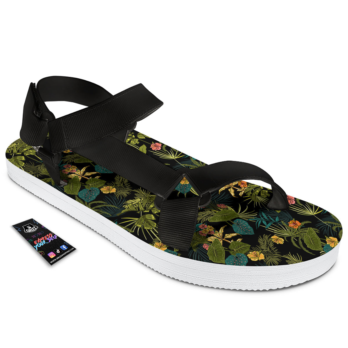 Aloha Hibiscus Tropical Print Pattern Black Open Toe Sandals-grizzshop