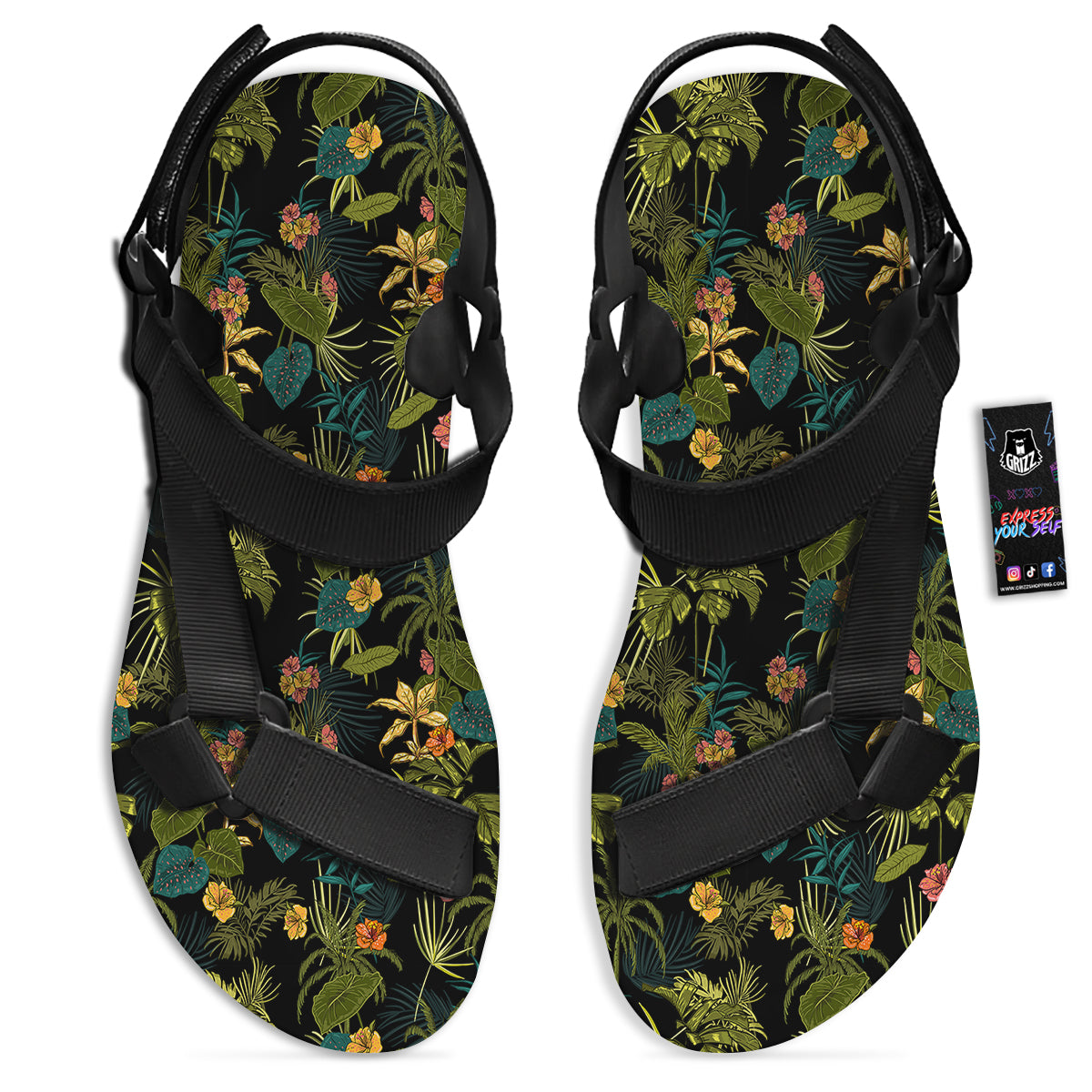Aloha Hibiscus Tropical Print Pattern Black Open Toe Sandals-grizzshop