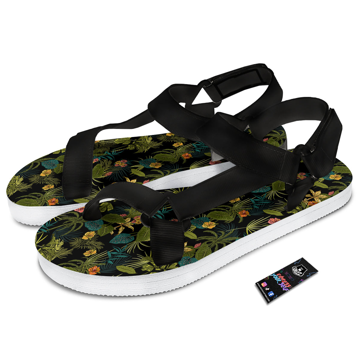 Aloha Hibiscus Tropical Print Pattern Black Open Toe Sandals-grizzshop