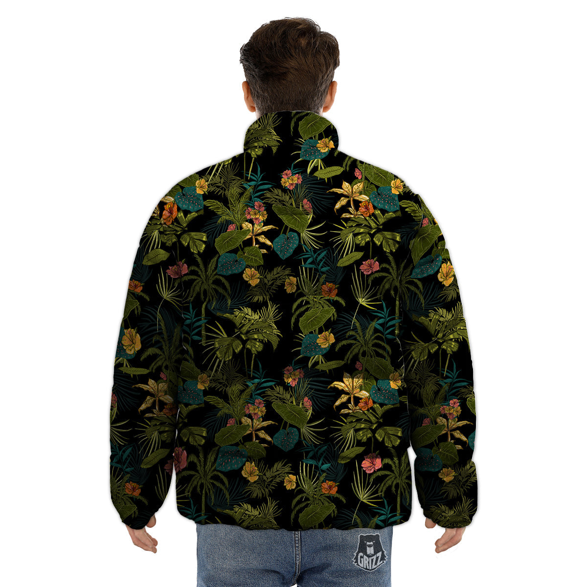 Aloha Hibiscus Tropical Print Pattern Puffer Jacket-grizzshop