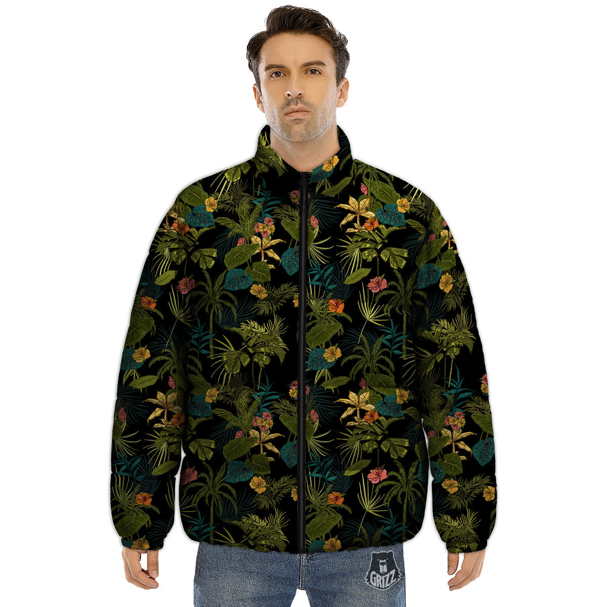 Aloha Hibiscus Tropical Print Pattern Puffer Jacket-grizzshop