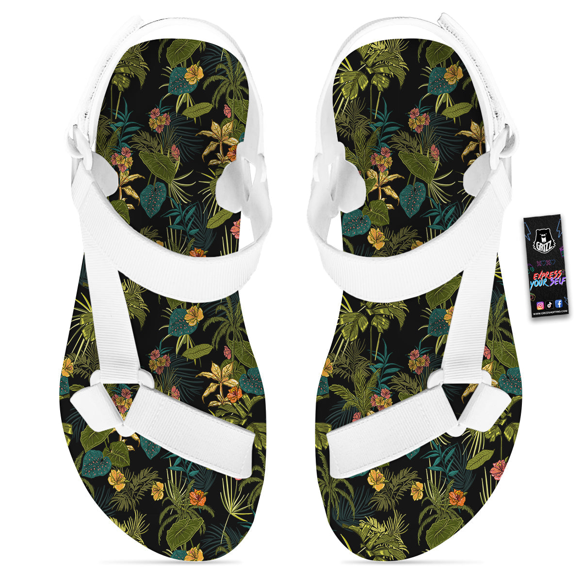 Aloha Hibiscus Tropical Print Pattern White Open Toe Sandals-grizzshop