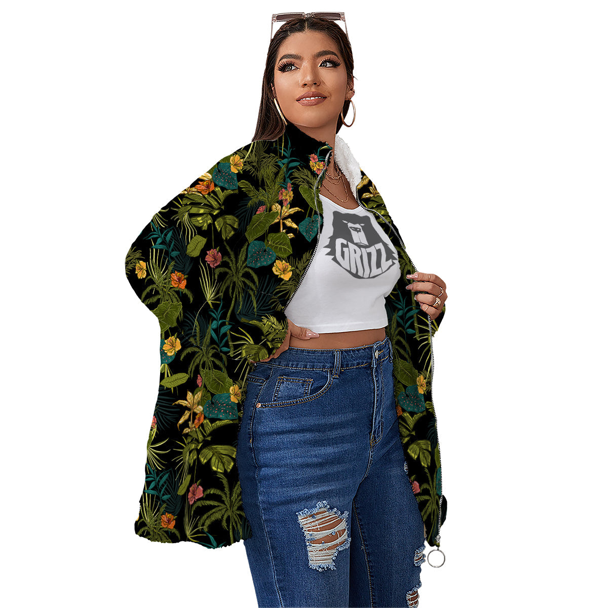 Aloha Hibiscus Tropical Print Pattern Women's Sherpa Jacket-grizzshop