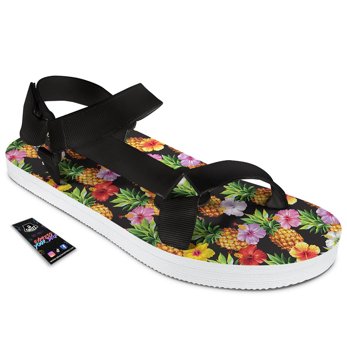 Aloha Pineapple Tropical Print Pattern Tropical Black Open Toe Sandals-grizzshop