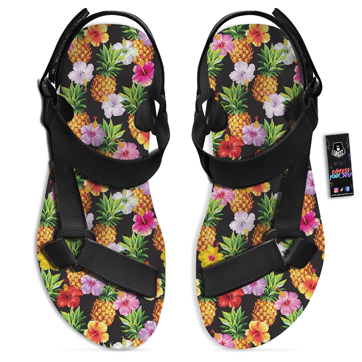 Aloha Pineapple Tropical Print Pattern Tropical Black Open Toe Sandals-grizzshop