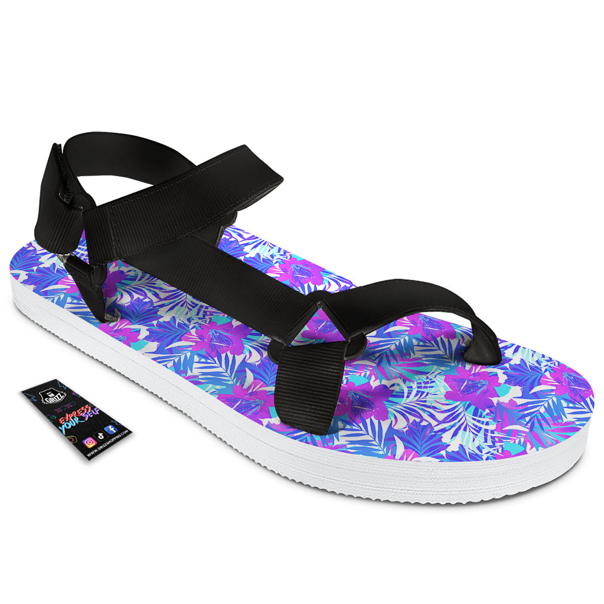 Aloha Psychedelic Tropical Print Pattern Black Open Toe Sandals-grizzshop