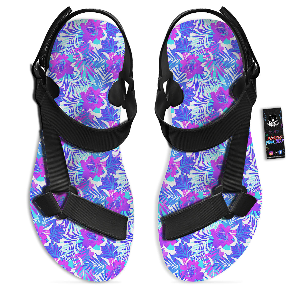 Aloha Psychedelic Tropical Print Pattern Black Open Toe Sandals-grizzshop
