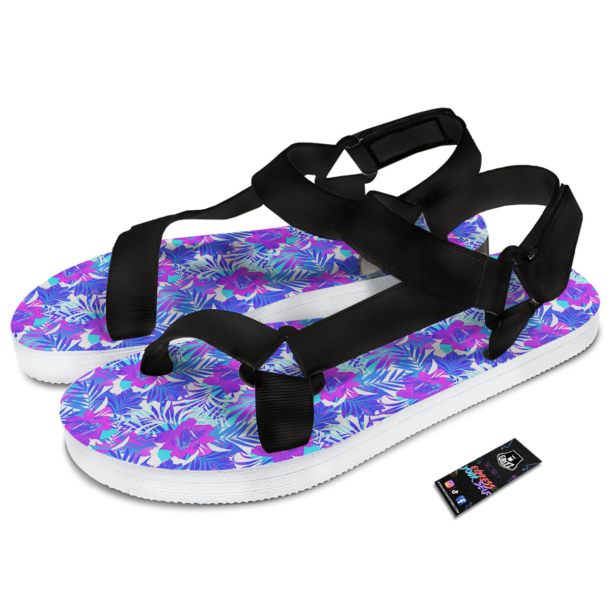 Aloha Psychedelic Tropical Print Pattern Black Open Toe Sandals-grizzshop
