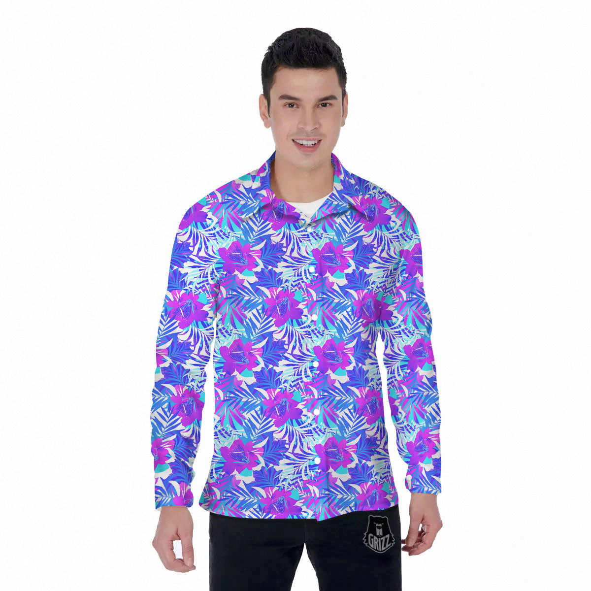 Aloha Psychedelic Tropical Print Pattern Men's Long Sleeve Shirts-grizzshop