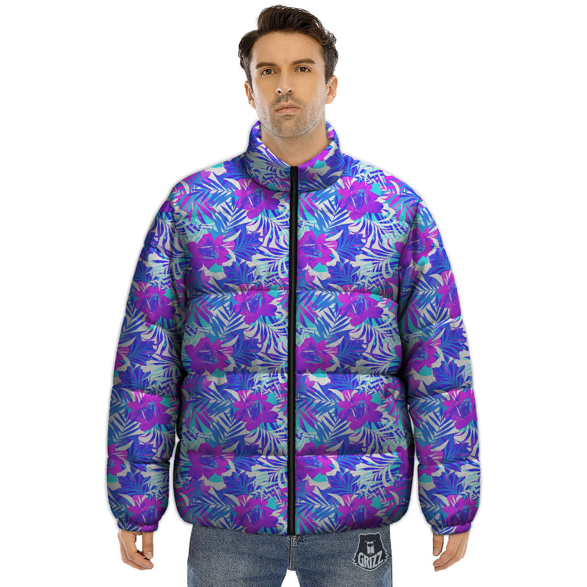 Aloha Psychedelic Tropical Print Pattern Puffer Jacket-grizzshop